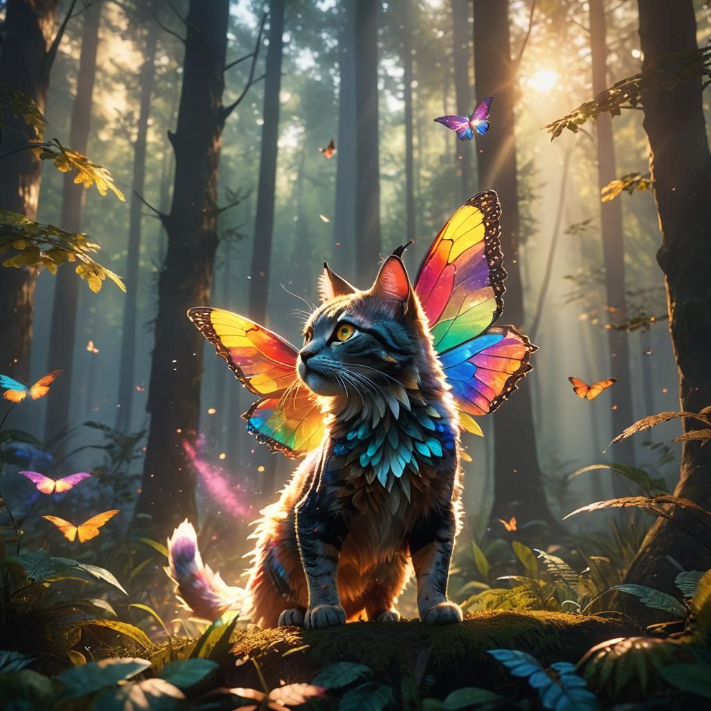 Rainbow Butterfly Cat Soaring in Misty Forest