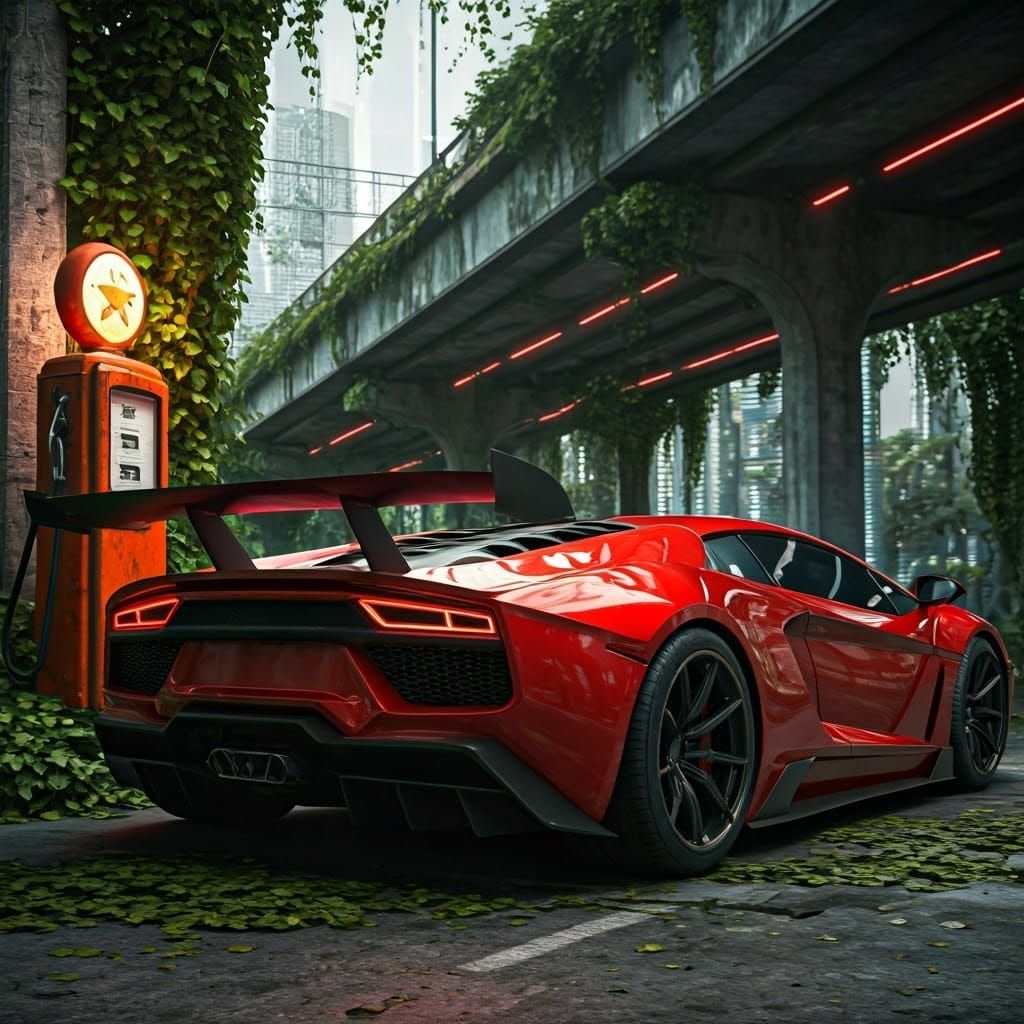 Abandoned Gleaming Red Supercar in Cyberpunk Setting