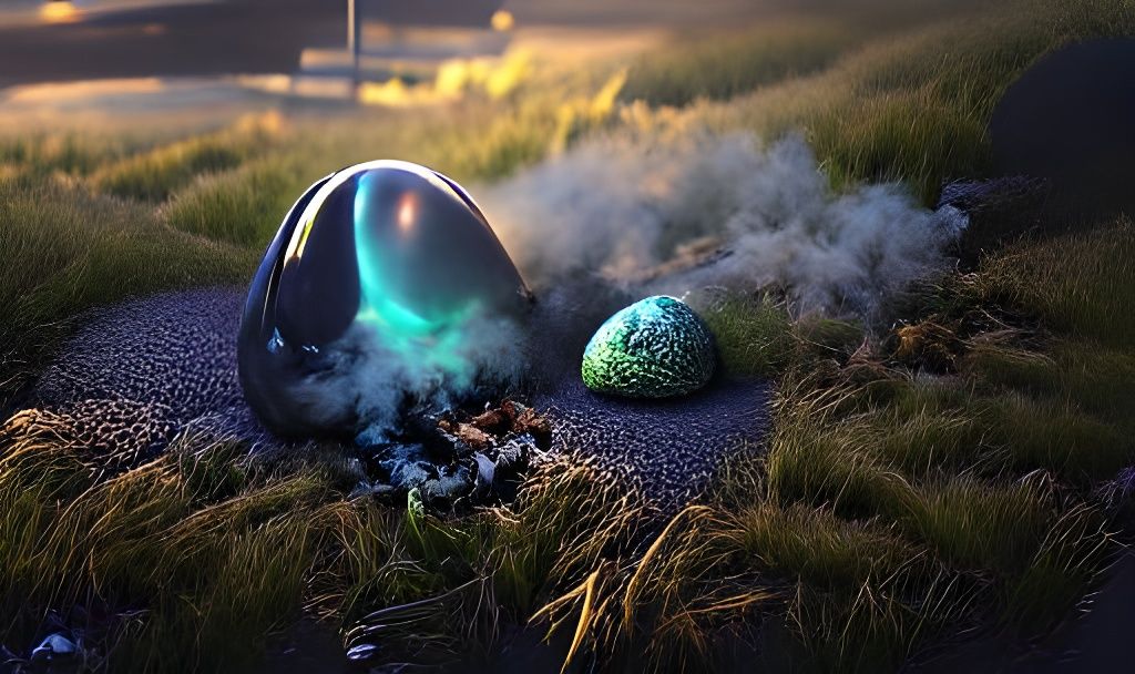 Smoking Crashed Alien Egg with Mystical Lights