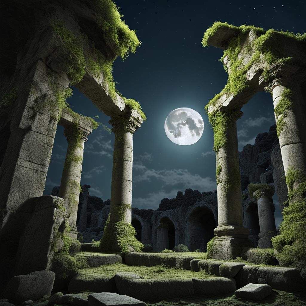 Moonlit Ancient Stone Ruins with Overgrown Vines