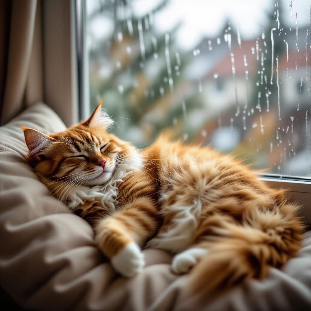 Cozy Ginger Cat Sleeping on Windowsill in Rain