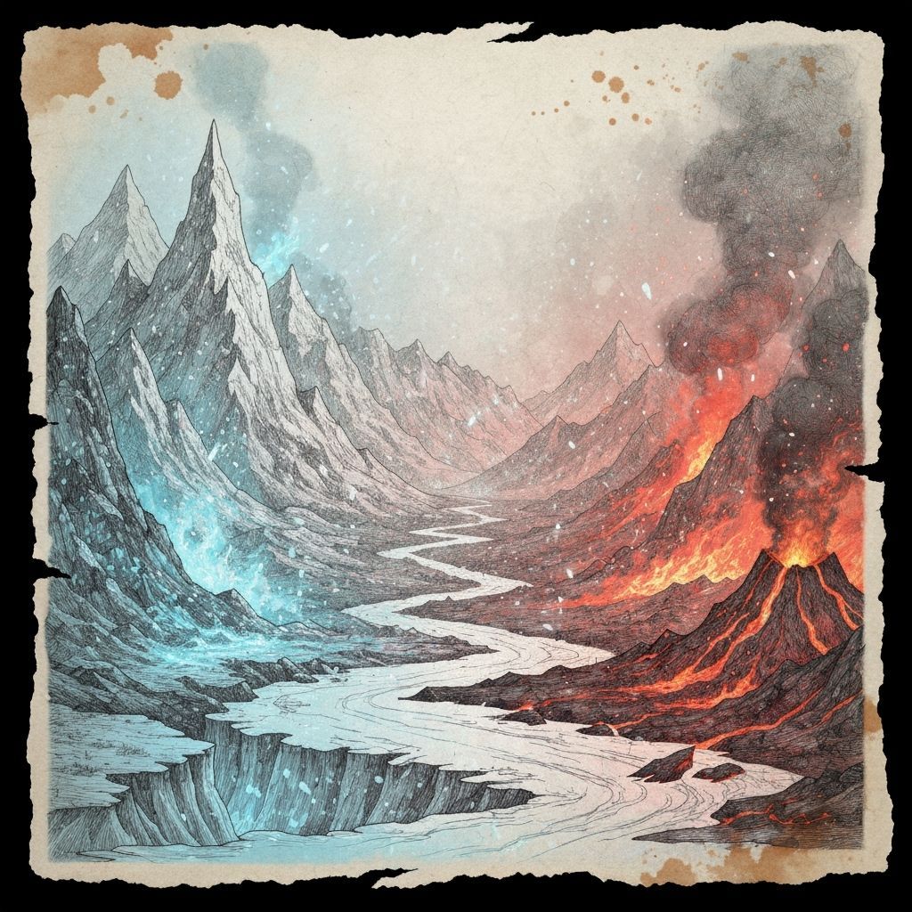 Ethereal Realm: Icy and Fiery Territories in Ink Style