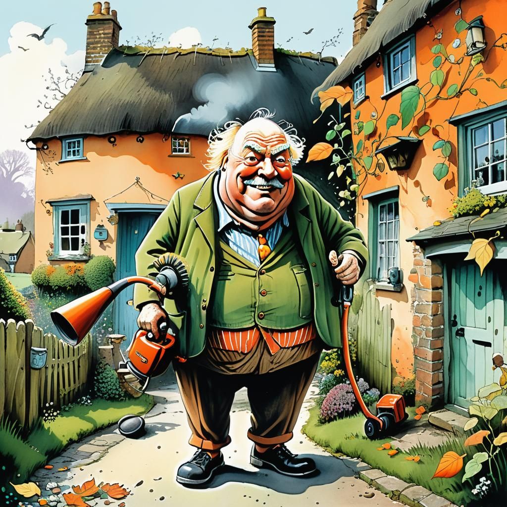 Whimsical Old Man with Leaf Blower Illustration