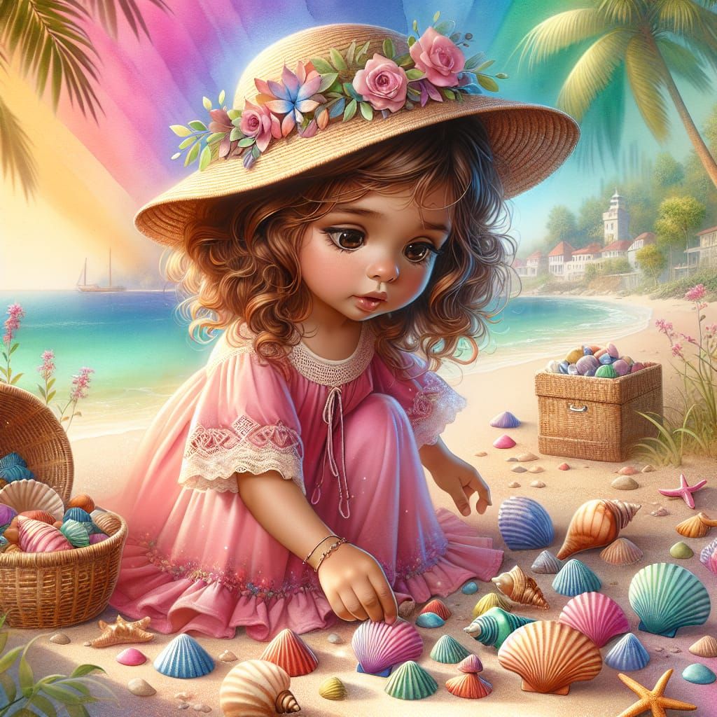 Girl at Beach with Seashells: 3D Digital Art