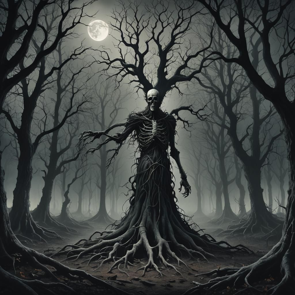 Eerie Figure in Moonlight Forest: Surrealist Horror