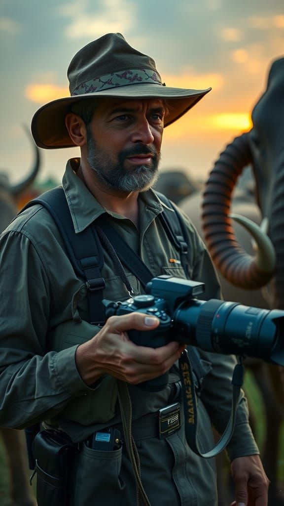 Wildlife Photographer in Hyperrealistic African Safari Scene