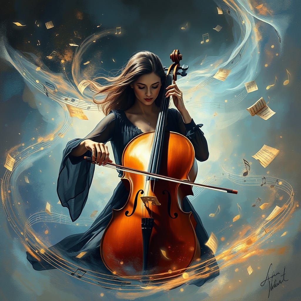 Surreal Concert Scene with a Woman Conductor and a Centered....