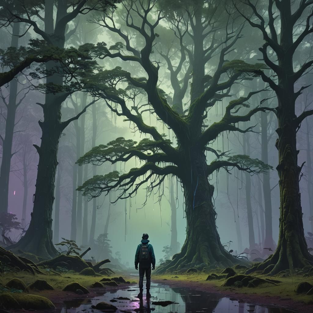 Boy in Rainy Forest with Glowing Flora