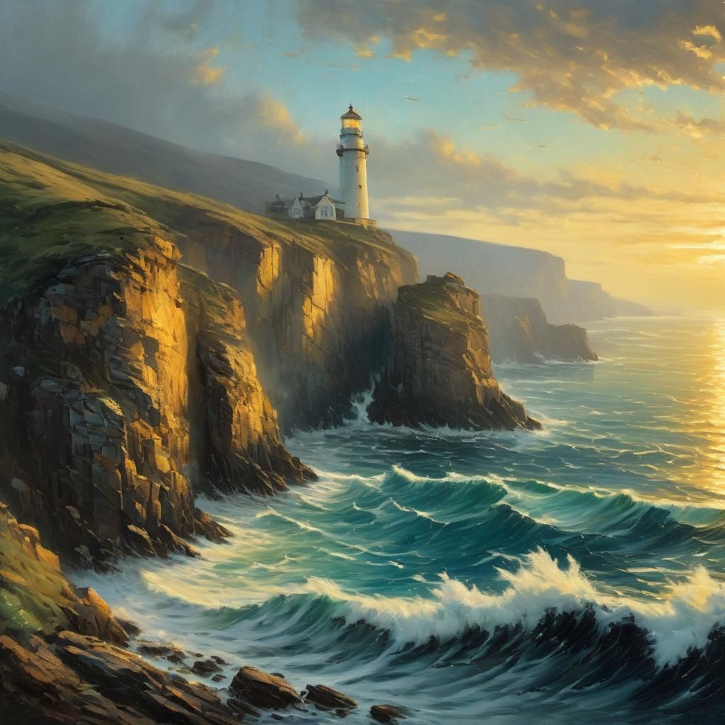 Golden Cliffs: An Atmospheric Oil Painting of Coastline