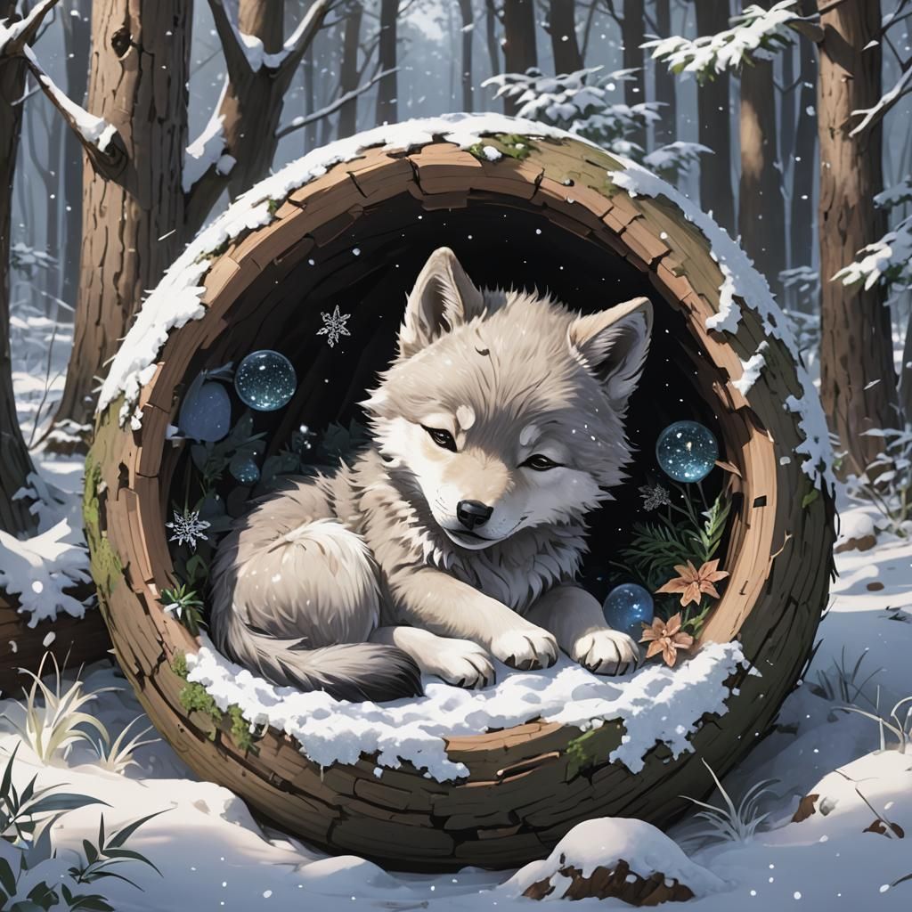 Cute Sleeping Wolf Pup in Anime Style