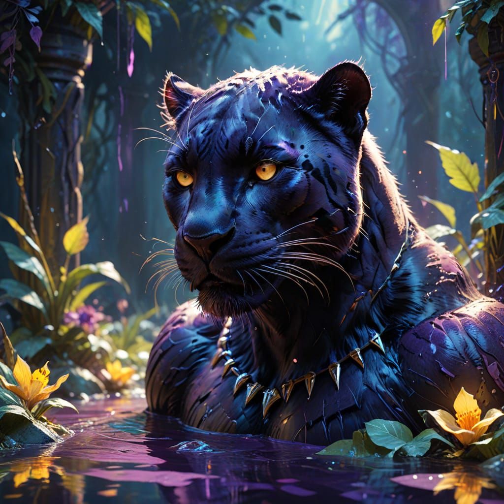 Panther Drinking in Jungle Pool, Neo-Impressionist Oil Paint...