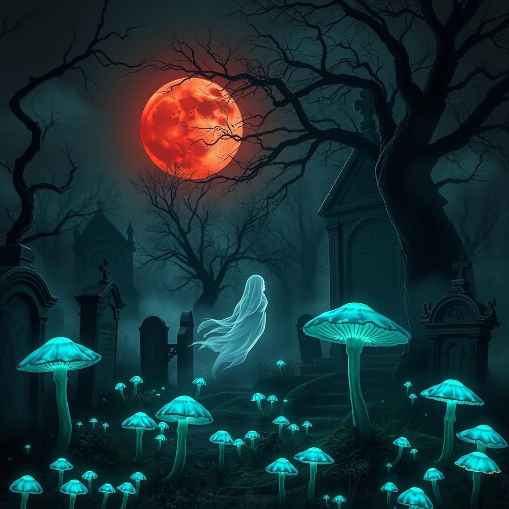 Ethereal Ghost in Graveyard Under Blood Moon