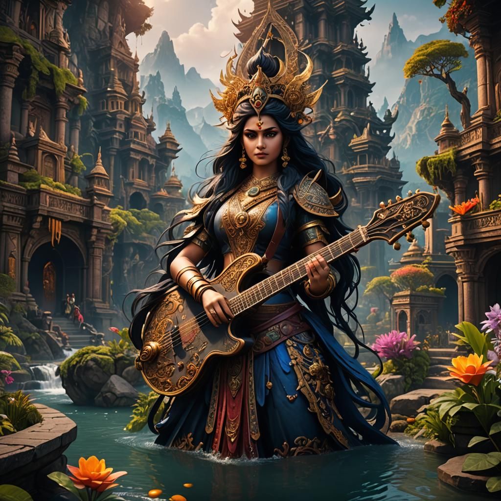 Detailed Matte Painting of Saraswati in Fantasy Art Style