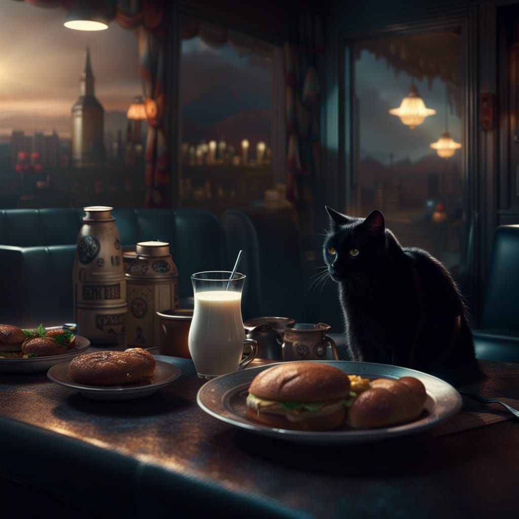 Black Cat Sipping Milk in Atmospheric Diner