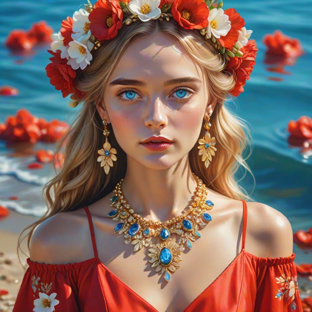 Ukrainian Model in Red Dress: Hyper-Realistic Oil Painting