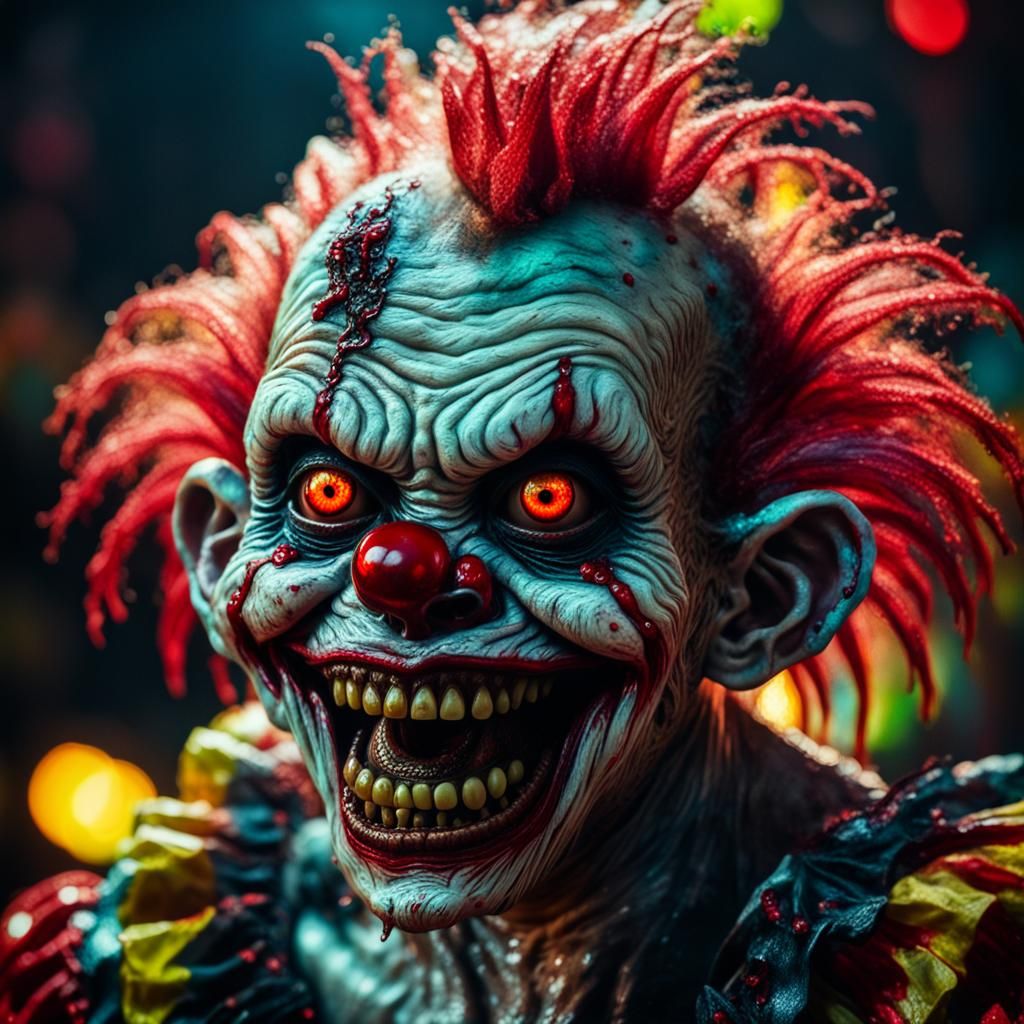 Hyper-Realistic Zombie Monkey Clown in Dark Carnival