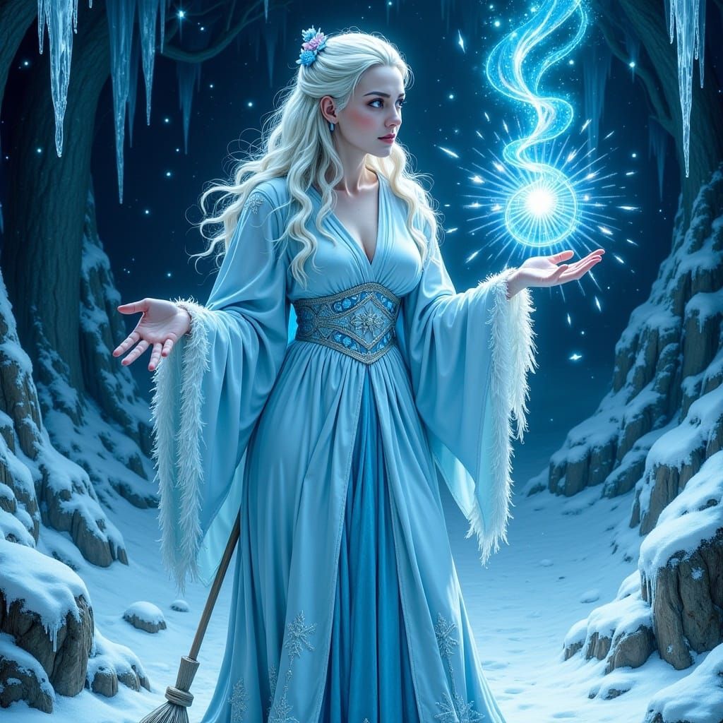 Magical Luna Lovegood Spellcasting in Winter Landscape