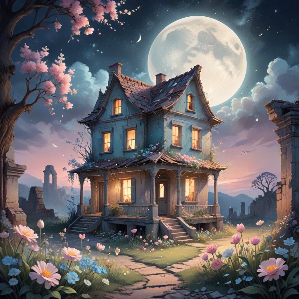Dreamy Moonlit Ruins with Pastel Flowers in Surreal Illustra...