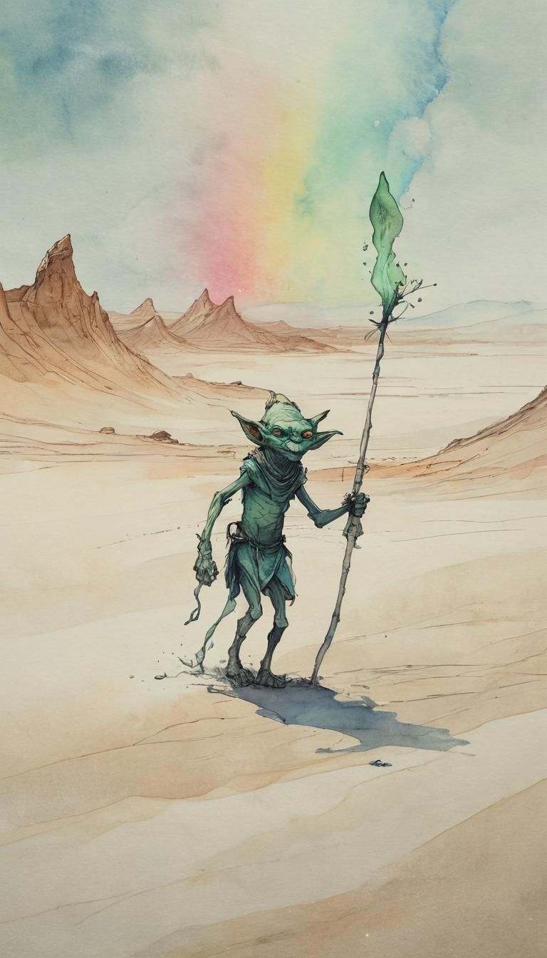 Goblin on Desert Sands with Aurora Sky Ink Drawing
