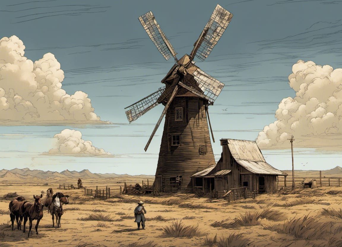 Texas Ranch Windmill in Comic Book Art Style