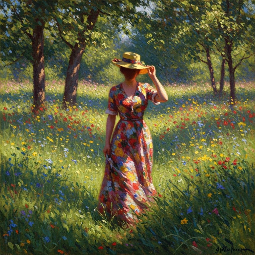 Impressionist Woman in Floral Dress Strolling Meadow