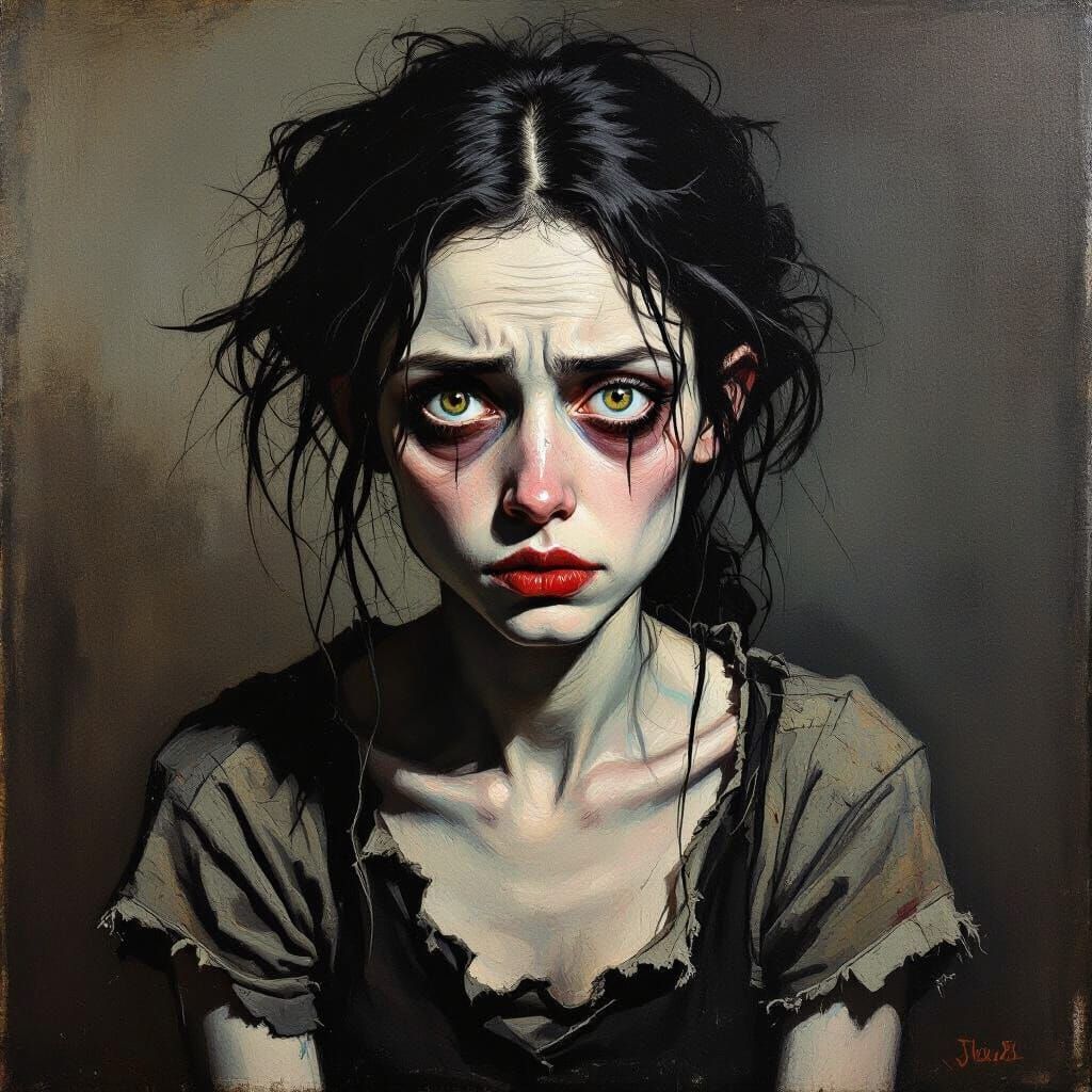 Deranged Young Woman in Gritty Expressionistic Style