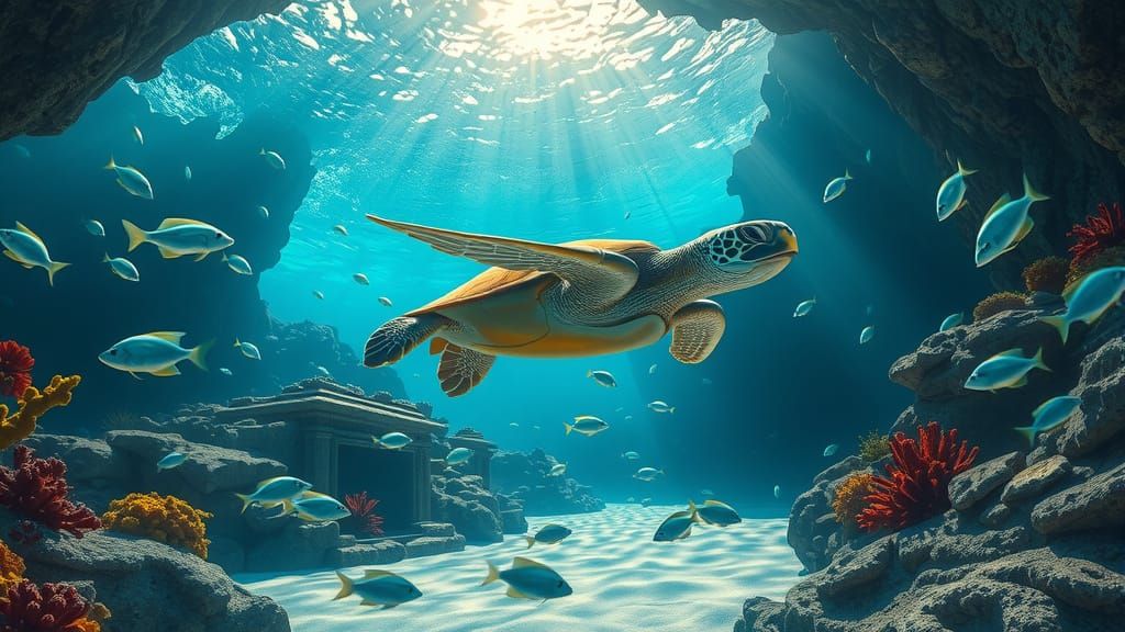 Turquoise Sea Turtle Glides Through Underwater Grotto