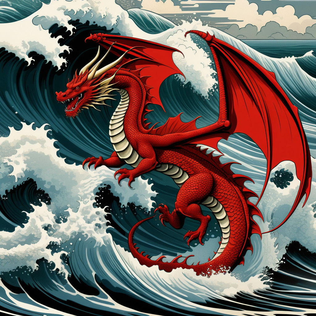 Neo-Traditional Japanese Dragon Amidst Ocean Waves in Vibran...