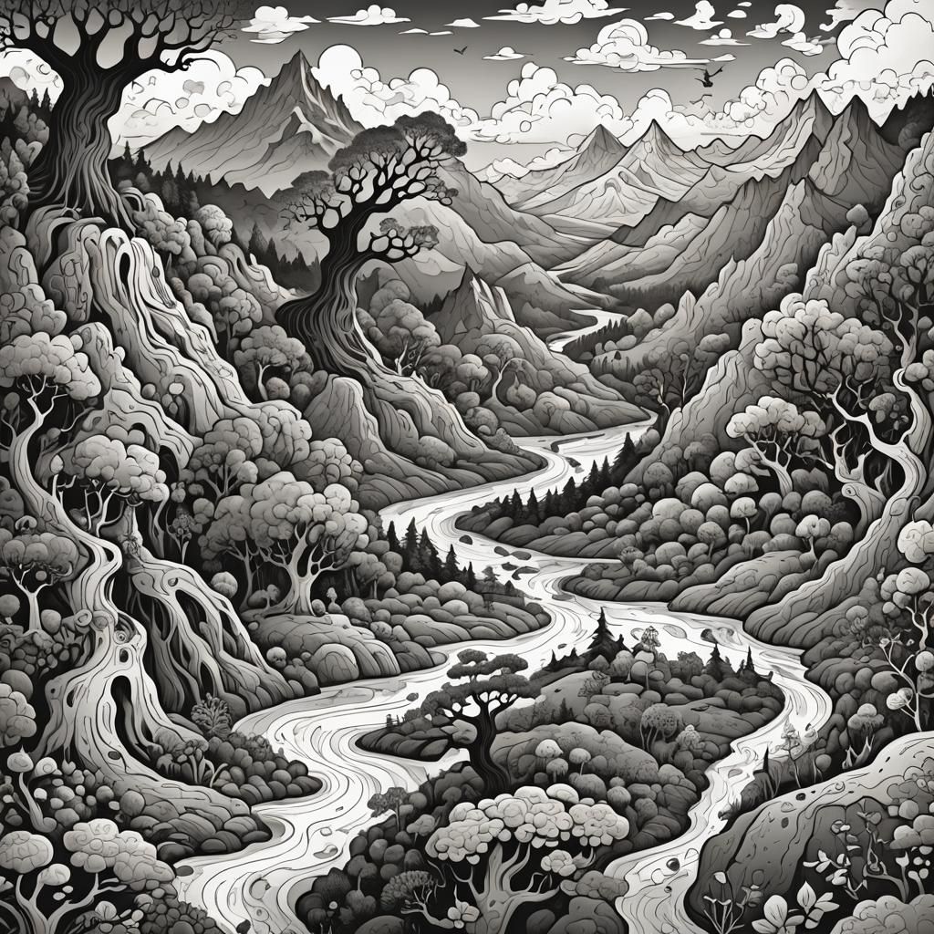 Doodle Art Fantasy Landscape in Black and White