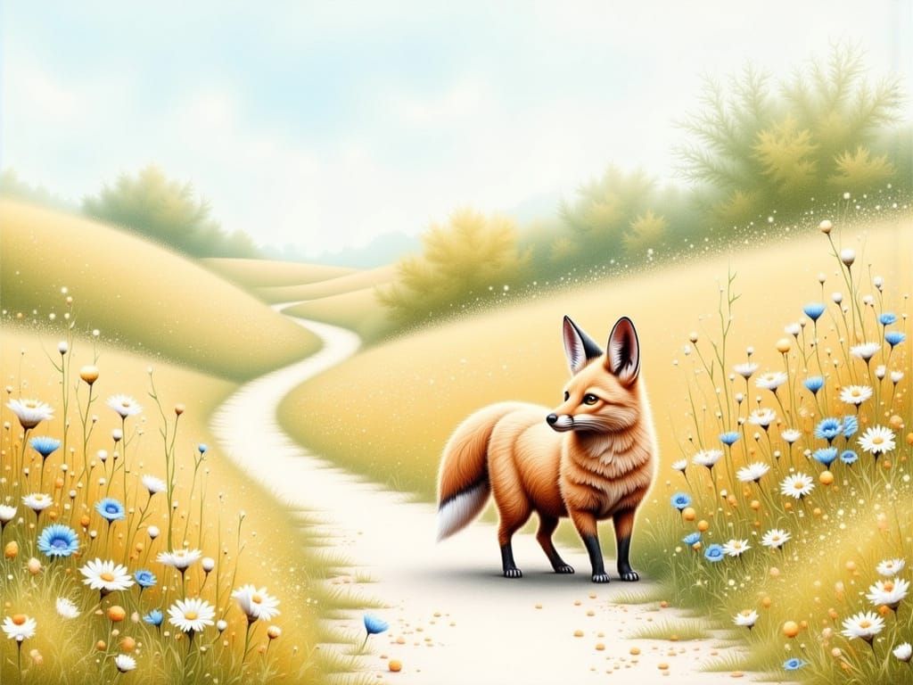 Whimsical Creature on Winding Road in Watercolor