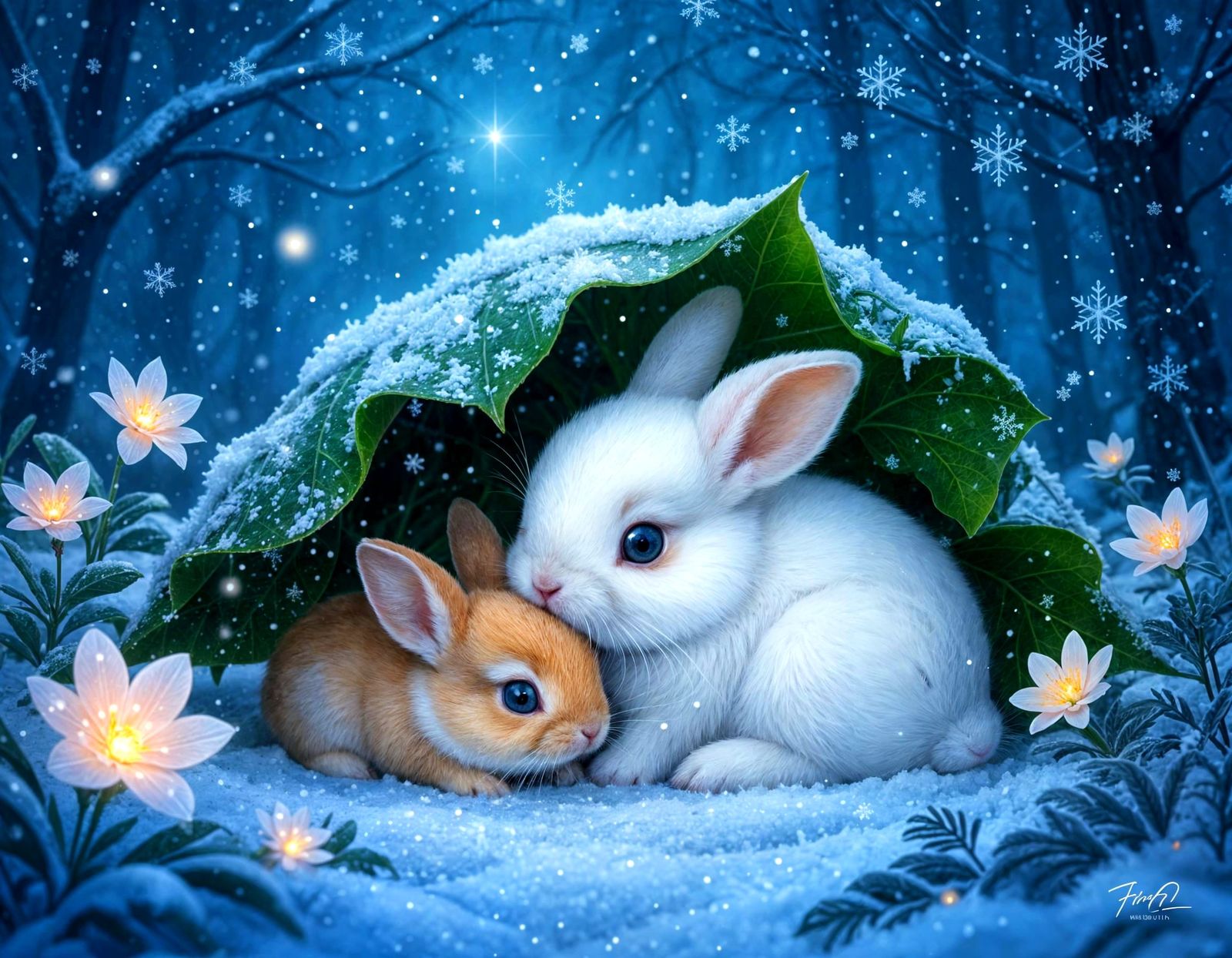 Protective Bunny Rabbit Family in Snowy Forest