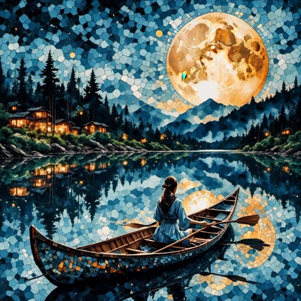Woman Canoeing on Lake Under Tiled Moon Sky