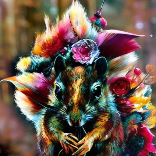 Evil Punk Squirrel with Flower Crown: Mixed-Media Masterpiec...