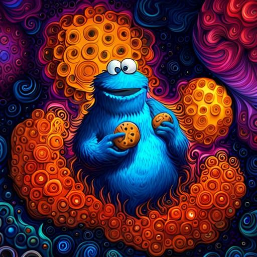 Psychedelic Cookie Monster in Starry Fractal Galaxy