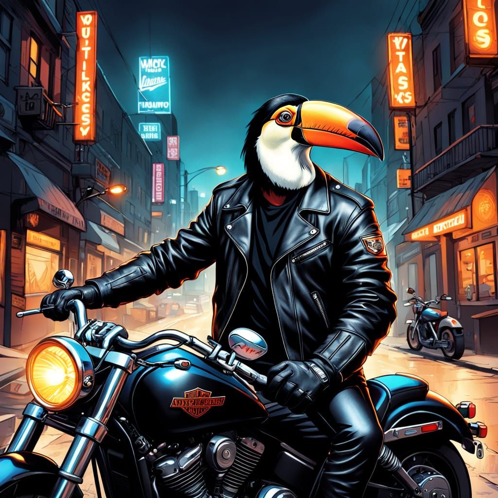 Badass Toucan Biker in Comic Book Style