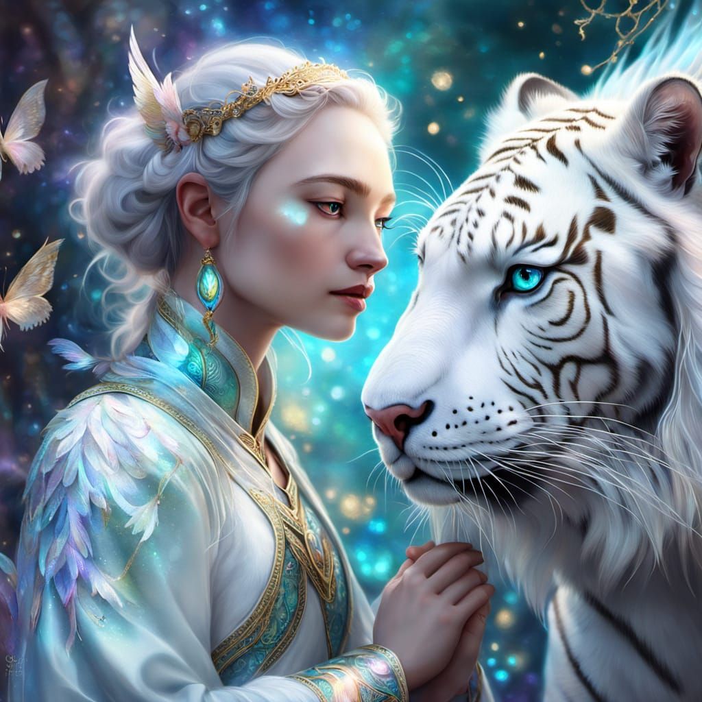Woman and Mythical Tiger-Dragon in Fantasy Illustration