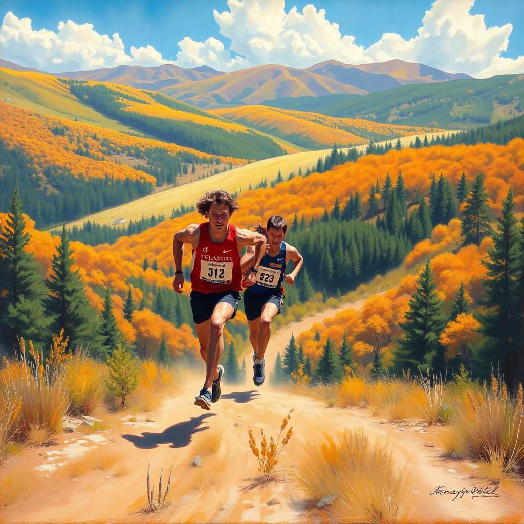 Athletes Race Through Golden Landscape as Oil Painting