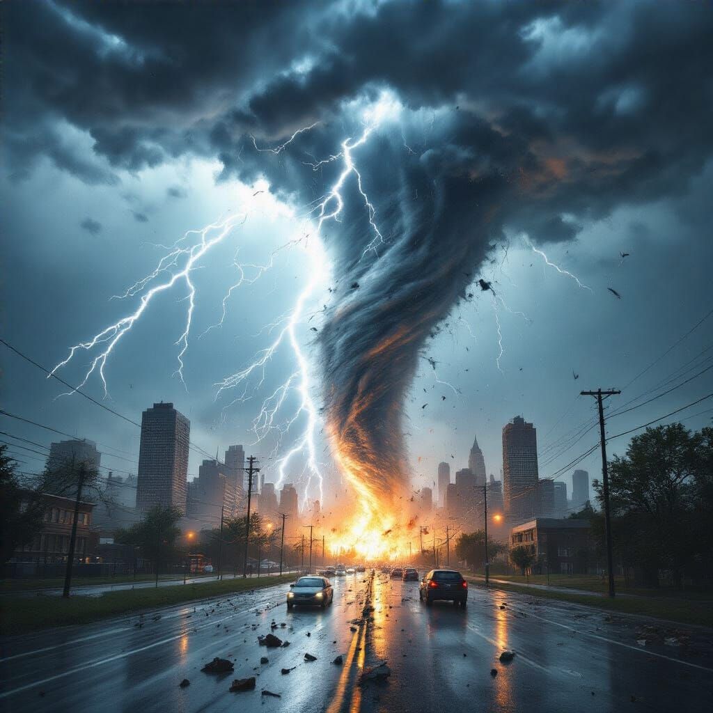 Photorealistic Tornado Devastates Cityscape