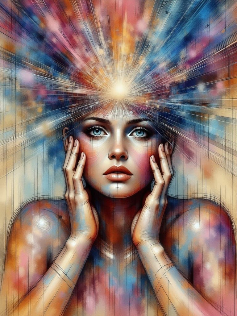 Ethereal Woman Portrait with Gouache Aura, Digital Art