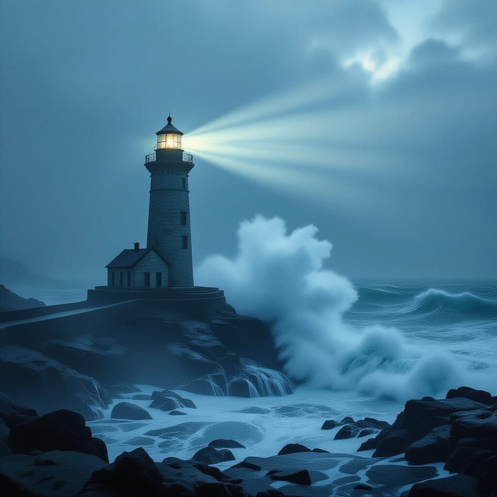 Ancient Lighthouse Battles Stormy Seas in Dramatic Light