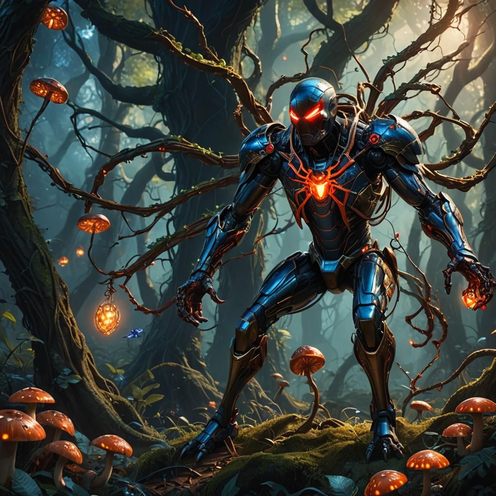 Spider-Ironman Hybrid in Mystical Forest Concept Art