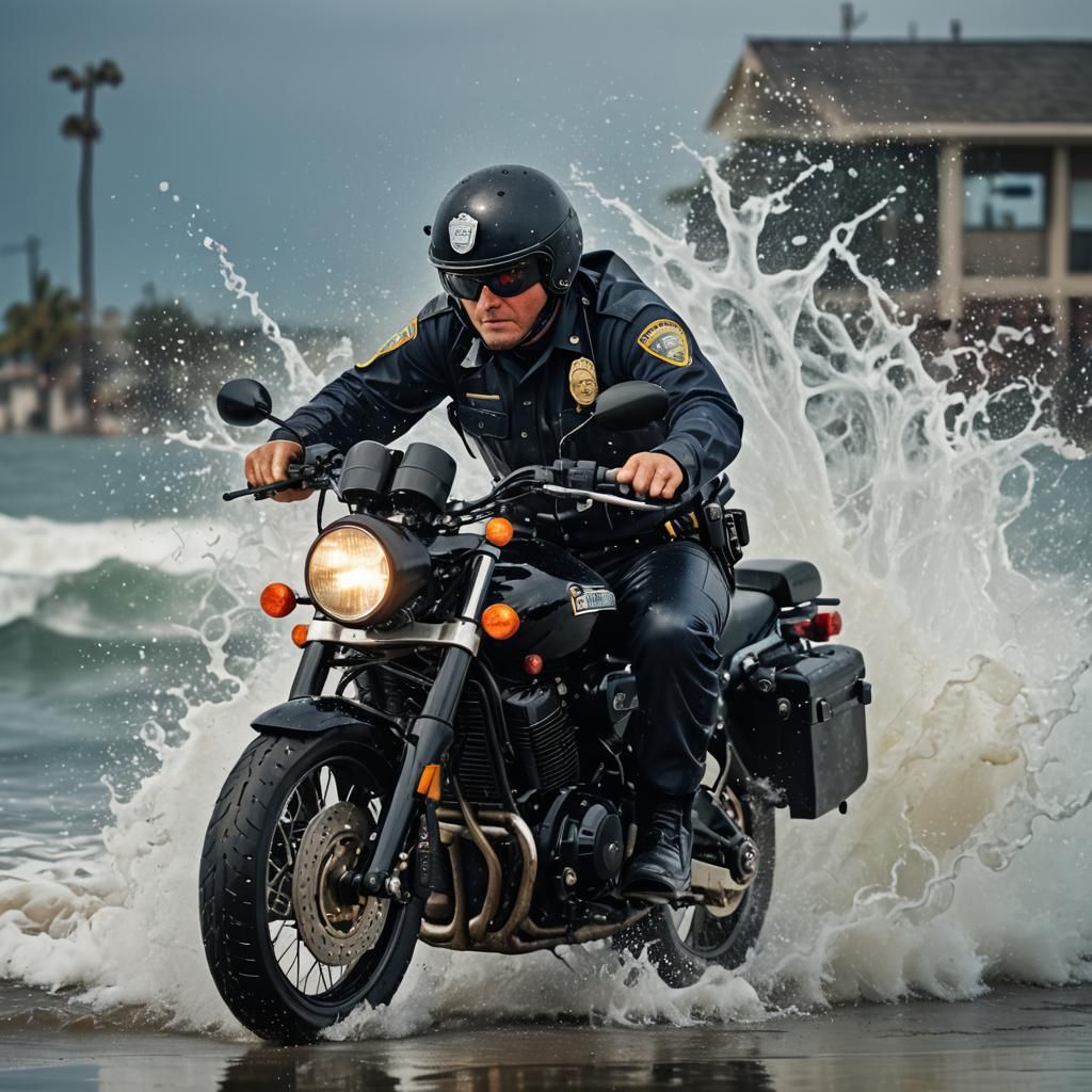 Seal Beach Motorcycle Cop Rides Into Ocean: Photo