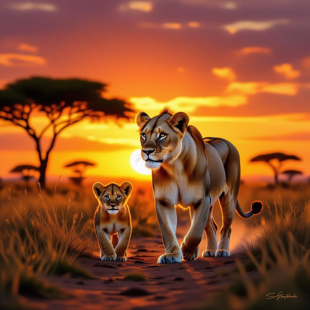 Lioness and Cub on African Savanna at Sunset