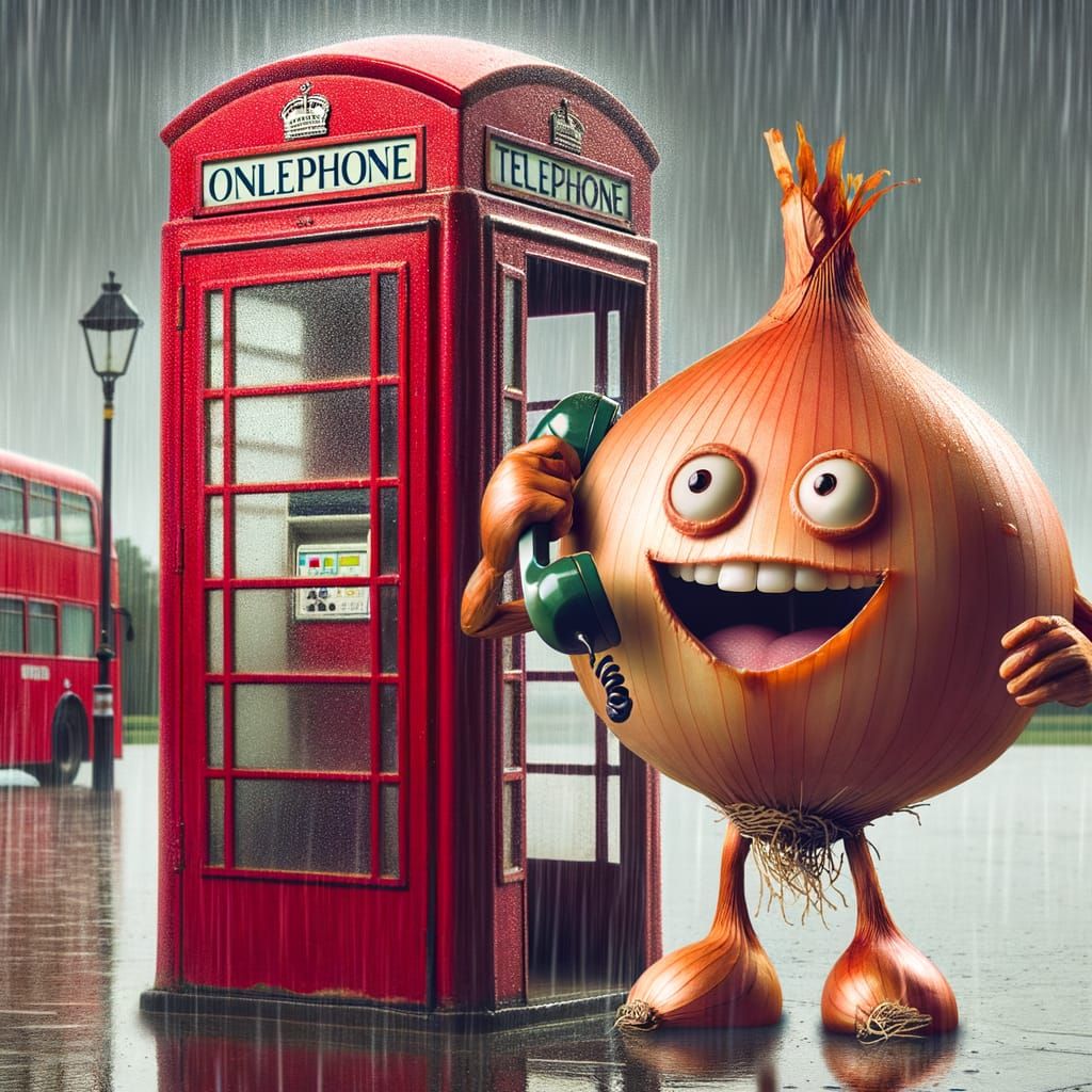 Anthropomorphic Onion's Urgent Call in Rainy Phone Booth