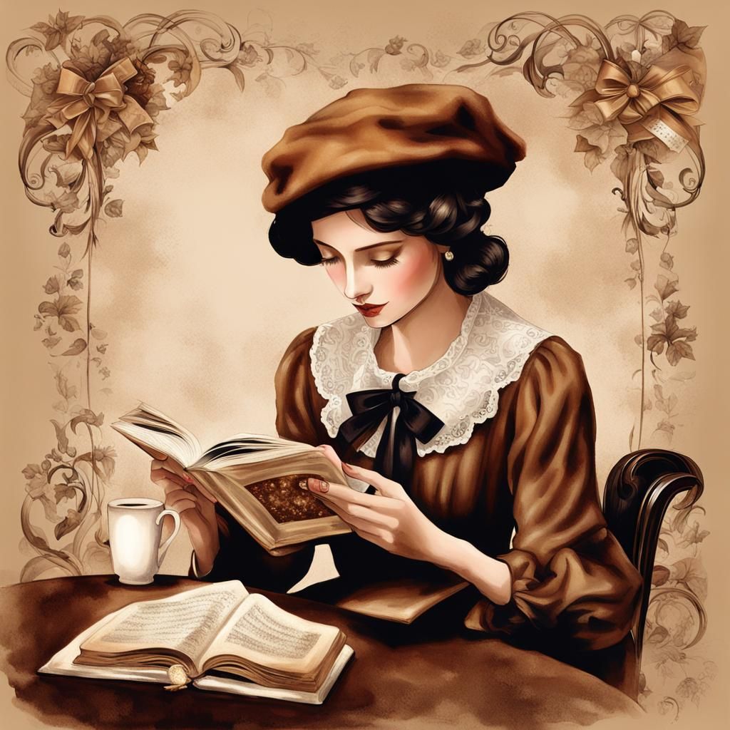Vintage Woman Reading, Rococo Fantasy Art