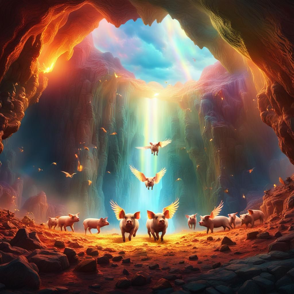 Winged Pigs Emerge from Cave in Vibrant Light
