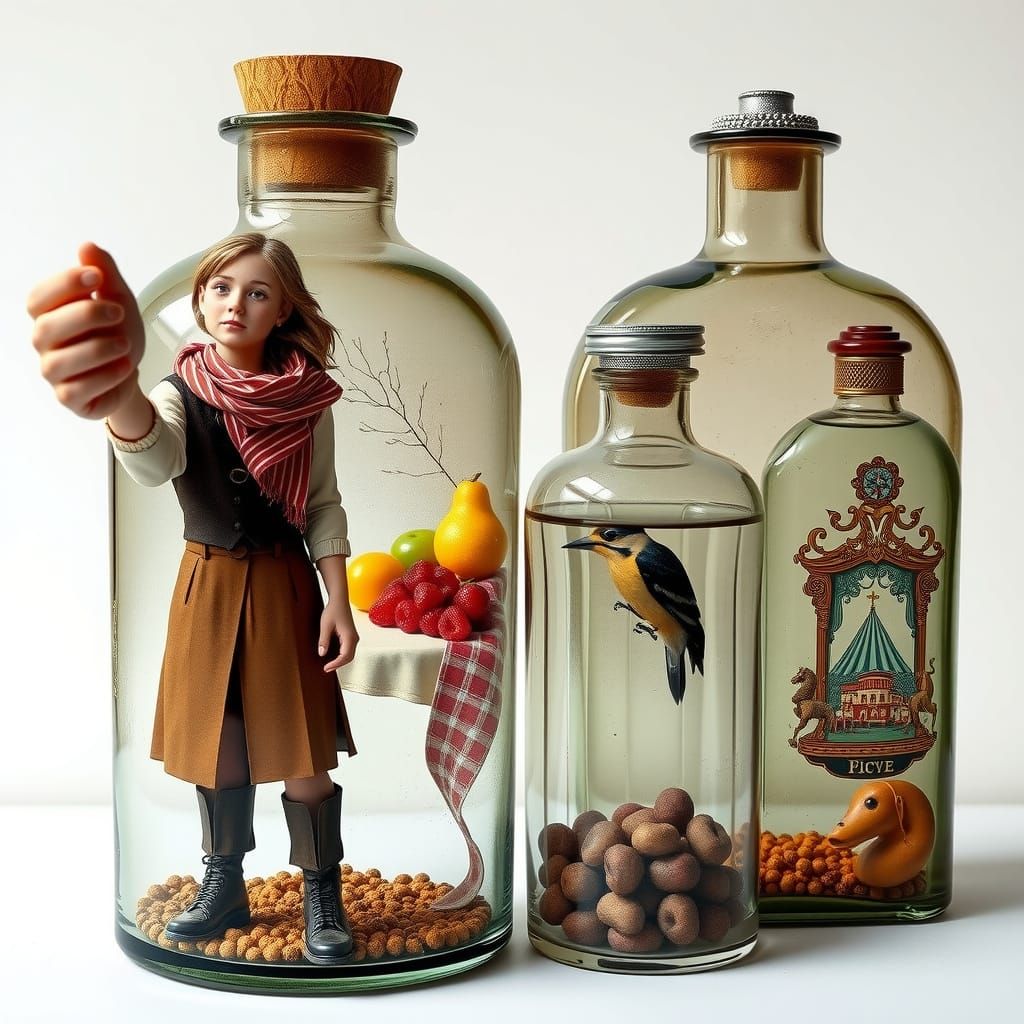 Vibrant Bottles Showcase Whimsical Scenes in Intricate Glass