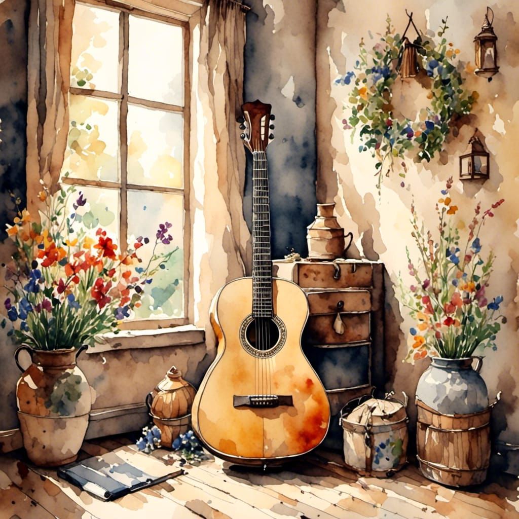 Acoustic Guitar in Antique Watercolor Style