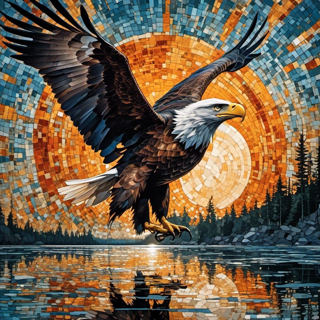 painting of a Bald eagle flying over a lake and a large sun with sunbeams stretching  out to the land intricate details....