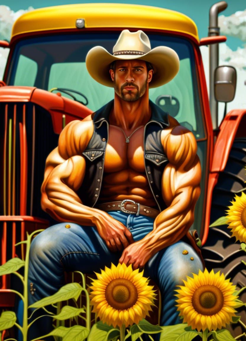 Muscular Cowboy in Sunflower Field: Hyperrealistic Concept A...